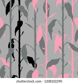 Decorative floral seamless pattern with vertical parallel stems. Endless ornament with black, gray, pink silhouettes of a plant on gray backdrop. Stylish background for wrapping, wallpaper.