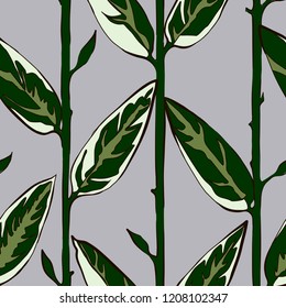 Decorative floral seamless pattern with vertical parallel stems. Endless ornament with green plant stalks and white parts of leaves on gray backdrop. Stylish beckground for wrapping, wallpaper.