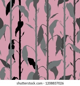 Decorative floral seamless pattern with vertical parallel stems. Endless ornament with black, gray silhouettes of a plant on pink backdrop. Stylish background for wrapping, wallpaper.