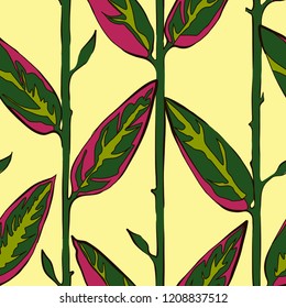 Decorative floral seamless pattern with vertical parallel stems. Endless ornament with green plant stalks and pink parts of leaves on yellow backdrop. Stylish beckground for wrapping, wallpaper.