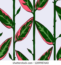 Decorative floral seamless pattern with vertical parallel stems. Endless ornament with green plant stalks and pink parts of leaves on gray backdrop. Stylish beckground for wrapping, wallpaper.