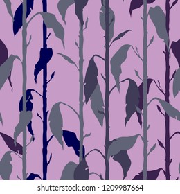 Decorative floral seamless pattern with vertical parallel stems. Endless ornament with blue, gray silhouettes of a plant on violet backdrop. Stylish background for wrapping, wallpaper.