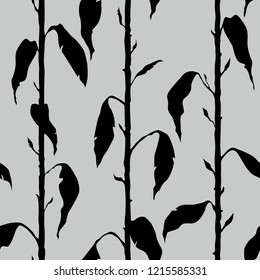 Decorative floral seamless pattern with vertical parallel stems. Endless ornament with black silhouettes of a plant on gray backdrop. Stylish background for wrapping, wallpaper.