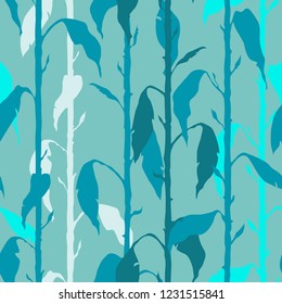 Decorative floral seamless pattern with vertical parallel stems. Endless ornament with silhouettes of a plant on turquoise backdrop. Stylish background for wrapping, wallpaper.