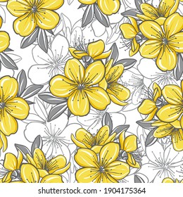 Patrón floral sin soldadura decorativo con floración de resorte amarillo, Iluminación y última imagen vectorial de los colores grises