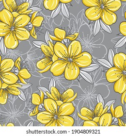 Decorative floral seamless pattern with yellow spring blossom, Illuminating and Ultimate Gray colors vector illustration