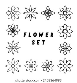 Decorative floral set featuring nine distinct black and white flower designs, each with unique petals and arrangements for diverse applications