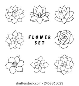 Decorative floral set featuring nine distinct black and white flower designs, each with unique petals and arrangements for diverse applications