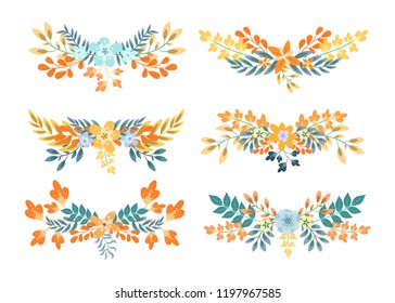 Decorative floral set, vintage flowers and frames isolated on white background. Vector clipart, greeting card