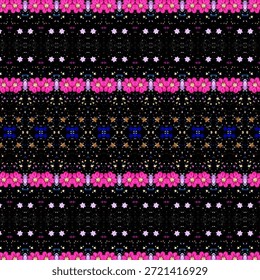 Decorative floral and star pattern background on black with pink flowers and geometric symmetry, elegant abstract texture perfect for background, pattern, abstract, decorative art.