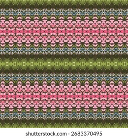 Decorative floral stripe pattern with pink blossoms, green leaves, and small blue flowers, perfect for textiles, wallpapers, and ornamental abstract backgrounds.