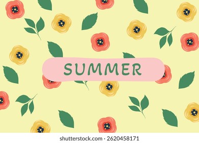 Decorative floral summer background with yellow and red flowers, green leaves and pastel pink banner