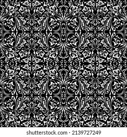 Decorative floral swirl seamless pattern on black background