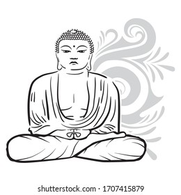 Decorative floral swirls in behind of meditating Buddha, vector