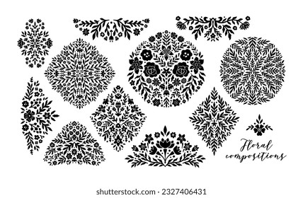 Dekoratives, florales symmetrisches Ornament Set. Kollektion Ethnisch floraler Stift in geometrischen Formen. Blumenrost, Ovale Vektorgrafik einzeln auf weißem Hintergrund. Blumenmuster-Muster drucken.