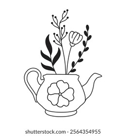 Decorative Floral Tea Pot Line Art Illustration, Botanical Boutique with Flowers, Buds, and Foliage with Clear and Simple Lines