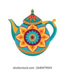 Decorative floral teapot illustration with ornamental design and detailed colorful elements