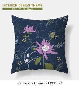 Decorative Floral Throw Pillow design. Original floral seamless pattern is complete, masked. Interior design element. Creative Sofa Toss Pillow. Vector design template is layered, editable.