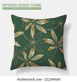 Decorative Floral Throw Pillow design template. Original Autumn Leaf seamless pattern is complete, masked. Interior design element. Creative Sofa Toss Pillow. Vector design is layered, editable.