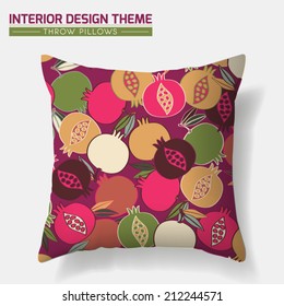 Decorative Floral Throw Pillow design template. Original Pomegranate seamless pattern is complete, masked.Modern interior design element. Creative Sofa Toss Pillow. Vector design is layered, editable.