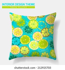 Decorative Floral Throw Pillow design template. Original Lemon Slice pattern is complete, masked. Modern interior design element. Creative Sofa Toss Pillow. Vector design is layered, editable. 