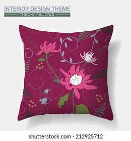 Decorative Floral Throw Pillow design. Original floral pattern is complete, masked. Interior design element. Creative Sofa Toss Pillow. Vector design template is layered, editable. 