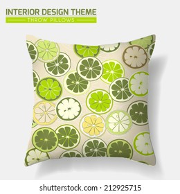 Decorative Floral Throw Pillow design template. Original Lemon Slice pattern is complete, masked. Modern interior design element. Creative Sofa Toss Pillow. Vector design is layered, editable. 