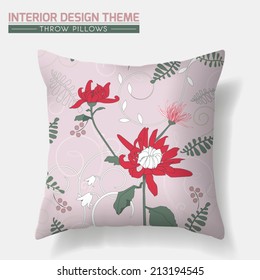 Decorative Floral Throw Pillow design template. Original Chrysanthemum pattern is complete, masked. Interior design element. Creative Sofa Toss Pillow. Vector design is layered, editable.