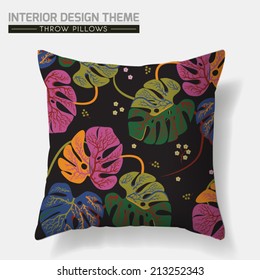 Decorative Floral Throw Pillow design. Original Tropical Leaves pattern is complete, masked. Interior design element. Creative Sofa Toss Pillow. Vector design template is layered, editable.