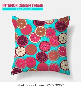 Decorative Floral Throw Pillow design template. Original Grapefruit Slice pattern is complete, masked. Modern interior design element. Creative Sofa Toss Pillow. Vector design is layered, editable. 