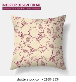 Decorative Floral Throw Pillow design template. Original Pomegranate pattern in cream & vinous is masked. Modern interior design element. Creative Sofa Toss Pillow. Vector design is layered, editable.