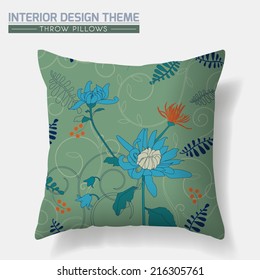 Decorative Floral Throw Pillow design template. Original Chrysanthemum pattern in green tints is complete, masked. Interior design element. Creative Sofa Toss Pillow Vector design is layered, editable