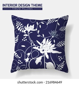 Decorative Floral Throw Pillow design template. Original Chrysanthemum pattern in Indigo is complete, masked. Interior design element. Creative Sofa Toss Pillow Vector design is layered, editable 