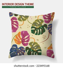 Decorative Floral Throw Pillow design. Original Tropical Monstera Leaves pattern is complete, masked. Interior design element. Creative Sofa Toss Pillow. Vector design template is layered, editable.