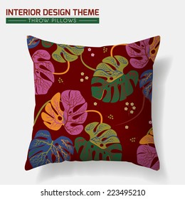 Decorative Floral Throw Pillow design in terracotta. Original Tropical Leaves pattern is complete masked. Interior design element. Creative Sofa Toss Pillow. Vector design template is layered editable