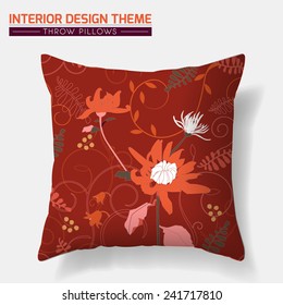 Decorative Floral Throw Pillow design in Terracotta. Original Chrysanthemum floral pattern is complete, masked. Interior design element. Creative Sofa Toss Pillow. Vector design is layered, editable