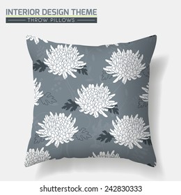 Decorative Floral Throw Pillow design template. Original Chrysanthemum pattern is complete, masked. Modern interior design element. Creative Sofa Toss Pillow. Vector design is layered, editable.