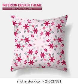 Decorative Floral Throw Pillow design template. Original Red Blossom seamless pattern is masked. Modern interior design element. Creative Sofa Toss Pillow. Vector design is layered, editable.