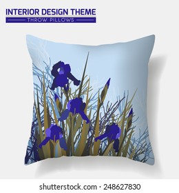 Decorative Floral Throw Pillow design template. Nature illustration. Original Iris pattern is masked. Modern interior design element. Creative Sofa Cushion. Vector design template is layered, editable