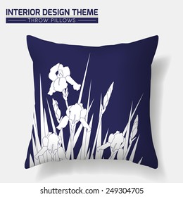 Decorative Floral Throw Pillow design template. Original Iris pattern in white & indigo is complete, masked. Interior design element. Creative Sofa Toss Cushion Vector design is layered, editable. 