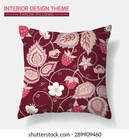 Decorative Floral Throw Pillow design vector template. Original Red Raspberry pattern is complete, masked. Interior design element. Creative Sofa cushion. Vector design is layered, editable