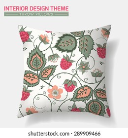 Decorative Floral Throw Pillow design vector template. Original Red Raspberry pattern is complete, masked. Interior design element. Creative Sofa cushion. Vector design is layered, editable