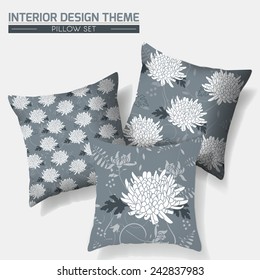 Decorative Floral Throw Pillow set design. Original floral pattern is complete, masked. Modern interior design element. Creative Sofa Toss Pillow. Vector design template is layered, editable.