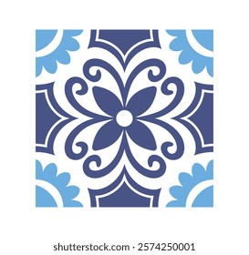 Decorative floral tile design with intricate blue and white patterns, featuring a symmetrical floral motif on a plain white background. Vector illustration