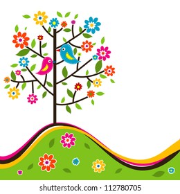 Decorative floral tree and bird, vector illustration