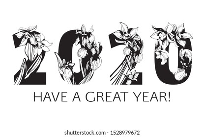 Decorative floral tropical pattern happy new year eve greeting card. Lettering hand drawn iris, narcissus spring flowers ornament. Vector grunge black, white illustration print.