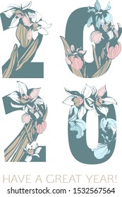 Decorative floral tropical pattern happy new year eve greeting card. Lettering hand drawn iris, narcissus spring flowers ornament. Vector grunge pink, blue, white illustration print.