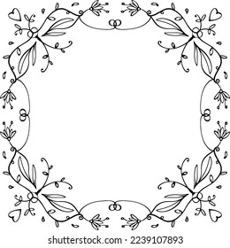 Decorative floral vector frame with flowers and hearts. Doodles, black lines on white.