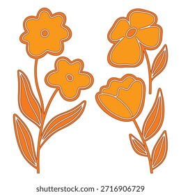 Decorative floral vector illustration, set of abstract orange flowers. Botanical elements for design, simple flower shapes.