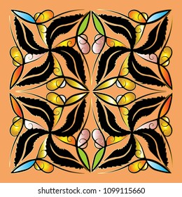 Decorative floral vector panel pattern. Hand drawn bright vintage ornaments. Abstract ornamental patterned background. Beautiful flowers, leaves, lines, swirls. Design for decor, fabric, printing